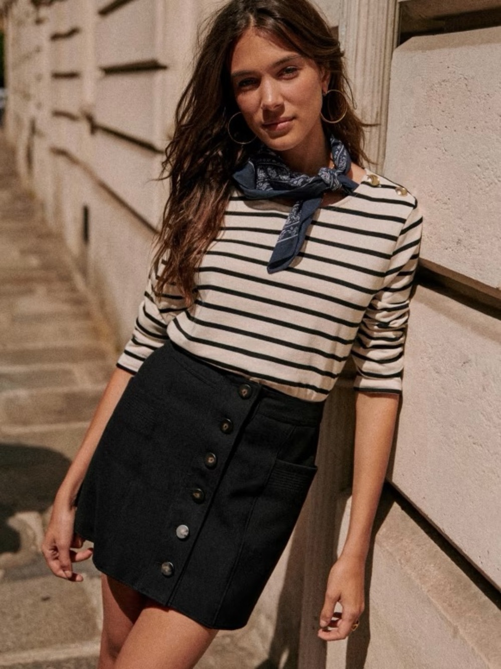 Sezane Black Button-Front Mini Skirt